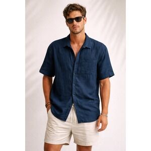 Onia Men's Navy Blue 100% Linen Resort Vacation Button Up Shirt Size XL